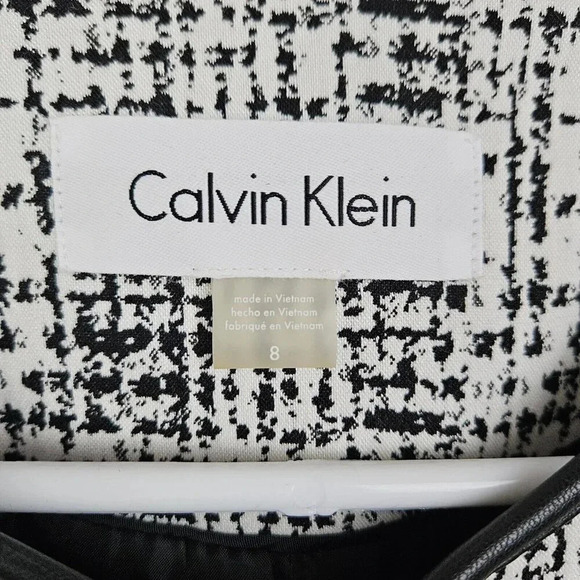 Calvin Klein White Black Printed Jacket Faux-Leather-Trim Long Duster Size 8 - Picture 6 of 13